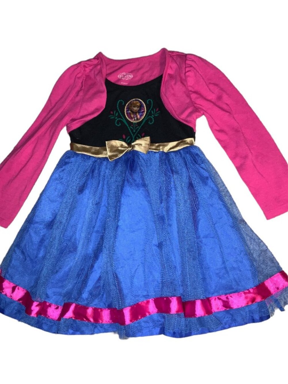Disney Frozen Girls Anna Long Sleeve Dress Size 4 With Bow and Tulle Overlay